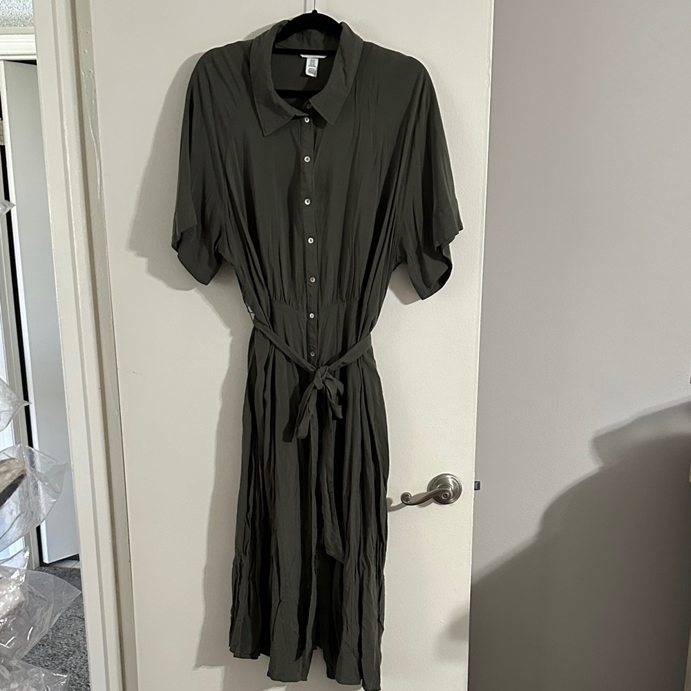 H&M Olive Green Button-Front Midi Shirt Dress